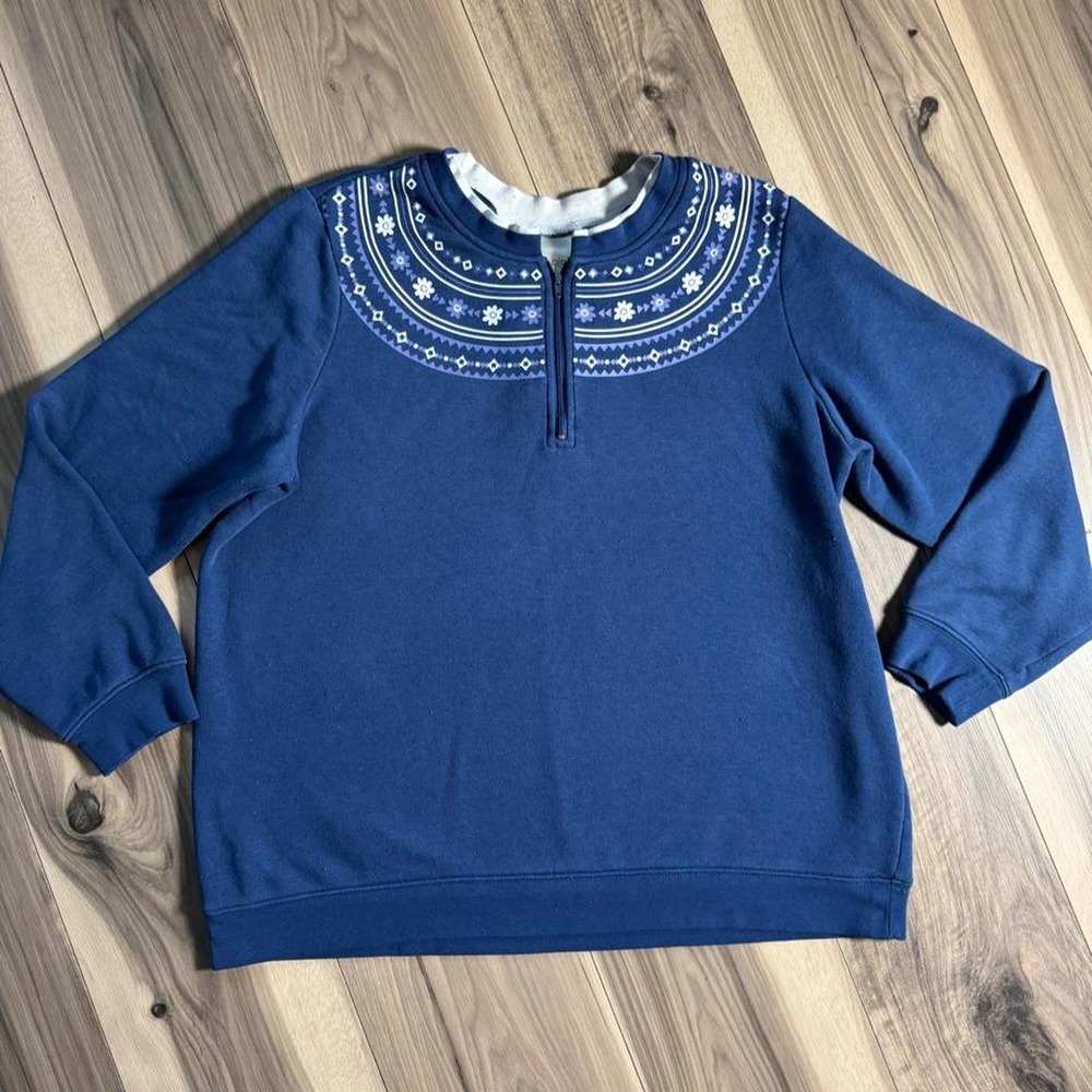 Blair blue sweatshirt with white snowflake and geometric pattern